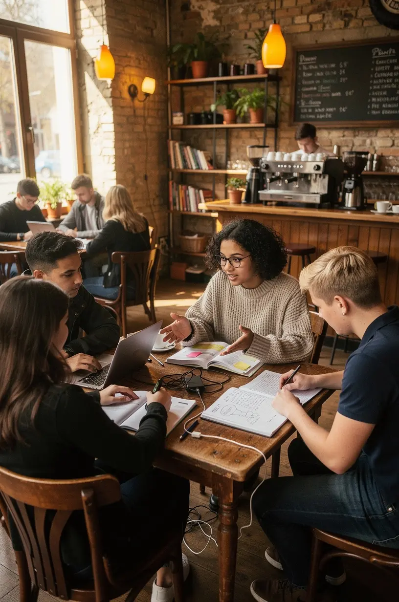 Group of diverse students discussing exam techniques in an online video conference